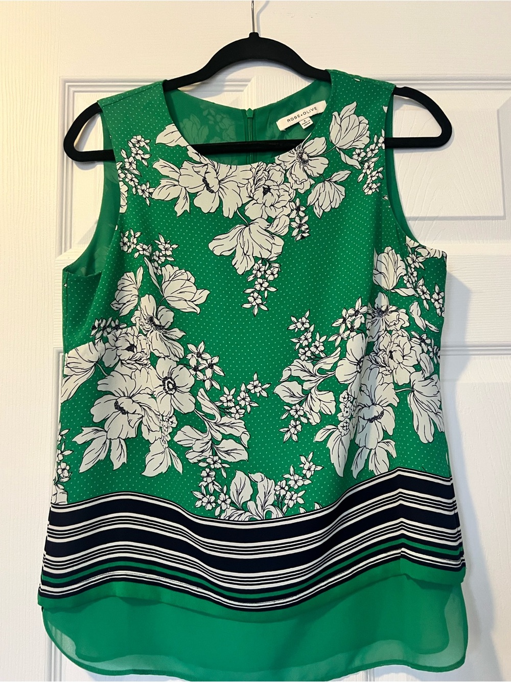 Rose & Olive Green Floral Sleeveless Top with Navy Stripe Hem